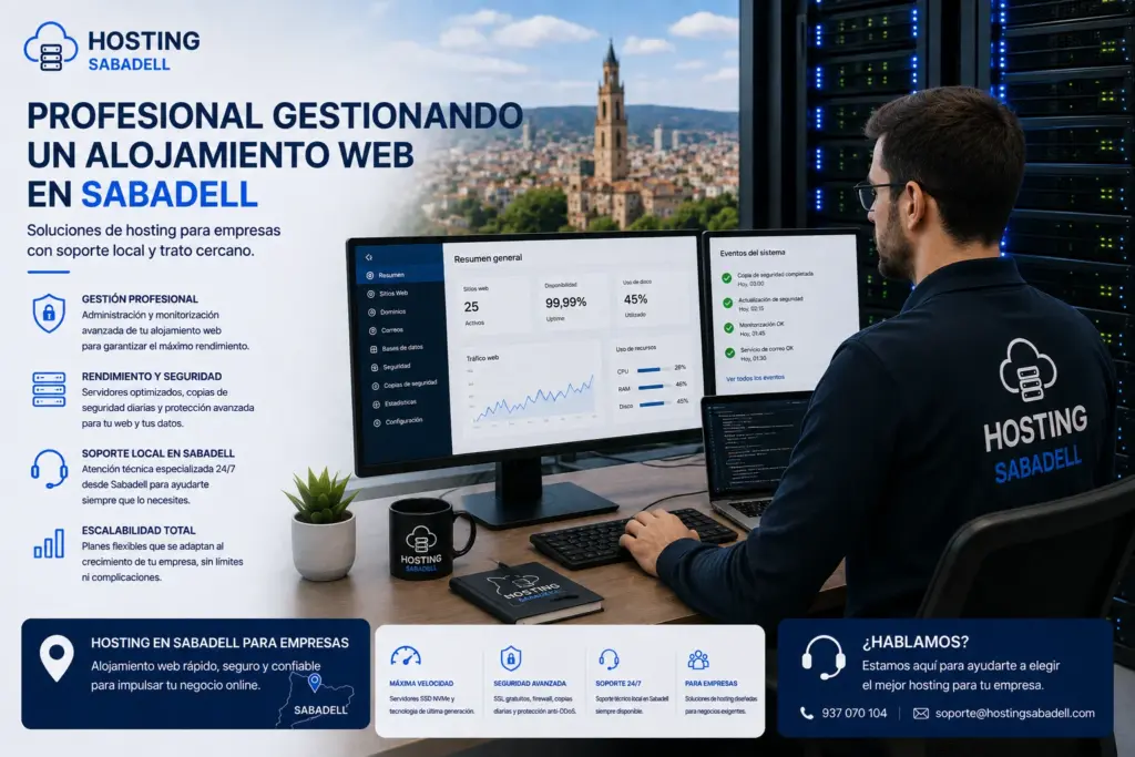 Profesional gestionando un alojamiento web en Sabadell para empresas.
